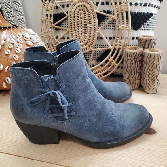 Born Farnes Distressed Burnished Suede Ankle Boot Bootie Blue Western 10 Med